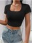 Kare Yaka Siyah Renk Fitilli Kısa Kollu Slim Fit Crop Top Bluz 4