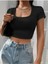 Kare Yaka Siyah Renk Fitilli Kısa Kollu Slim Fit Crop Top Bluz 5