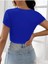 Kare Yaka Mavi Renk Fitilli Kısa Kollu Slim Fit Crop Top Bluz 2