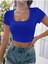 Kare Yaka Mavi Renk Fitilli Kısa Kollu Slim Fit Crop Top Bluz 4