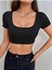 Geniş Yaka Siyah Renk Fitilli Kısa Kollu Crop Top Bluz 3