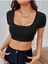 Geniş Yaka Siyah Renk Fitilli Kısa Kollu Crop Top Bluz 4