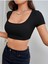 Geniş Yaka Siyah Renk Fitilli Kısa Kollu Crop Top Bluz 5