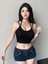 U Yaka Ipli Askılı Siyah Renk Fitilli Crop Top Bluz 4