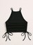 Askılı Halter Yaka Yüzücü Sırtlı Yanları Ipli Siyah Renk Fitilli Crop Top Bluz 2