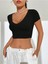 Geniş V Yaka Siyah Renk Fitilli Kısa Kollu Slim Fit Crop Top Bluz 3