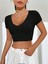 Geniş V Yaka Siyah Renk Fitilli Kısa Kollu Slim Fit Crop Top Bluz 5