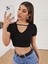 Geniş V Yaka Ipli Siyah Renk Fitilli Kısa Kollu Slim Fit Crop Top Bluz 1