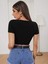 Geniş V Yaka Ipli Siyah Renk Fitilli Kısa Kollu Slim Fit Crop Top Bluz 2