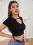 Geniş V Yaka Ipli Siyah Renk Fitilli Kısa Kollu Slim Fit Crop Top Bluz 3