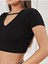 Geniş V Yaka Ipli Siyah Renk Fitilli Kısa Kollu Slim Fit Crop Top Bluz 4
