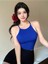 Askılı Halter Yaka Yüzücü Sırtlı Mavi Renk Fitilli Crop Top Bluz 2
