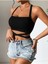 Düz Yaka Çapraz Bağcıklı Askılı Siyah Renk Fitilli Crop Top Bluz 2