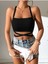 Düz Yaka Çapraz Bağcıklı Askılı Siyah Renk Fitilli Crop Top Bluz 3