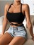 Düz Yaka Çapraz Bağcıklı Askılı Siyah Renk Fitilli Crop Top Bluz 4