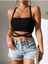 Düz Yaka Çapraz Bağcıklı Askılı Siyah Renk Fitilli Crop Top Bluz 5