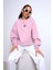 Bisiklet Yaka Içi Polar Yüksek Baskılı Pembe Oversize Sweatshirt 1