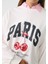 Bisiklet Yaka Içi Polar Paris Yazılı Kiraz Baskılı Beyaz Oversize Sweatshirt 3