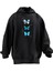 Unisex Premium Pamuk Siyah 3lü Mavi Kelebek Baskılı 3 Iplik Kapüşonlu Sweatshirt 1