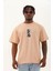 Oversize Baskılı Bisiklet Yaka T-Shirt - Bej 2