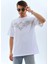 Oversize Taşlı Bisiklet Yaka T-Shirt - Beyaz 5