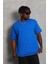 Oversize Düz Bisiklet Yaka T-Shirt - Mavi 2