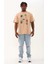 Oversize Baskılı Bisiklet Yaka T-Shirt - Bej 4