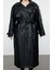 Kadın Büyük Beden Moda Şık Oversize Ceket Yaka Uzun Düz Astarlı Fit Maxi Boy Suni Deri Trençkot 1
