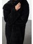 Kadın Moda Şık Bol Ceket Yaka Uzun Düz Astarlı Siyah Oversize Peluş Kaban 3