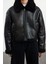 Kadın Moda Şık Oversize Gömlek Yaka Standart Düz Astarsız Peluş Detaylı Biker Ceket Mont 4