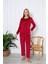 Kadın Kırmızı Uzul Kollu Sıfır Yakalı Düz Renk Kadife Baskılı Pijama Takımı 1