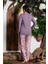 Kadın Mürdüm Sıfır Yaka Uzun Kol Likralı Desenli Kadın Pijama TAKIMIK803153 3