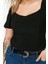 Moda Büyük Beden Kare Yaka Örme Slim Düz Desen Casual Günlük Crop Kısa Kol Bluz 1