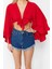 Moda V Yaka Dokuma Fit Düz Desen Plaj Crop Truvakar Kol Kol Bluz 1