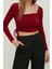 Moda Kare Yaka Örme Slim Düz Desen Casual Günlük Crop Uzun Kol Bluz 1