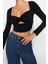 Moda Kalp Yaka Örme Fit Düz Desen Şık Gece Crop Uzun Kol Bluz 2