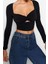 Moda Kalp Yaka Örme Fit Düz Desen Şık Gece Crop Uzun Kol Bluz 3
