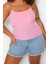 Moda Büyük Beden Kare Yaka Örme Fit Düz Desen Casual Günlük Crop Askılı Kol Bluz 2