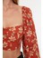 Moda Bisiklet Yaka Dokuma Slim Fit Çiçekli Desen Plaj Crop Uzun Kol Bluz 4