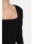 Moda Kare Yaka Örme Slim Düz Desen Casual Günlük Crop Uzun Kol Bluz 4