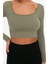 Moda Kare Yaka Örme Fit Düz Desen Sportswear Crop Uzun Kol Bluz 1