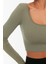 Moda Kare Yaka Örme Fit Düz Desen Sportswear Crop Uzun Kol Bluz 2