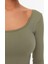 Moda Kare Yaka Örme Fit Düz Desen Sportswear Crop Uzun Kol Bluz 4