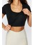 Moda Havuz Yaka Örme Fit Düz Desen Sportswear Crop Kısa Kol Bluz 2