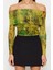 Moda Carmen Yaka Örme Slim Fit Çiçekli Desen Şık Gece Crop Uzun Kol Bluz 1
