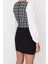 Moda V Yaka Dokuma Regular Ekose / Kareli Desen Resmi Crop Uzun Kol Bluz 5