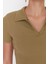Moda Polo Yaka Örme Slim Slogan Desen Casual Günlük Crop Kısa Kol Bluz 3