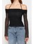 Moda Carmen Yaka Örme Regular Düz Desen Casual Günlük Crop Uzun Kol Bluz 1