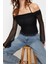Moda Carmen Yaka Örme Regular Düz Desen Casual Günlük Crop Uzun Kol Bluz 2
