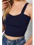 Moda Kare Yaka Triko Slim Düz Desen Casual Günlük Crop Askılı Kol Bluz 3
